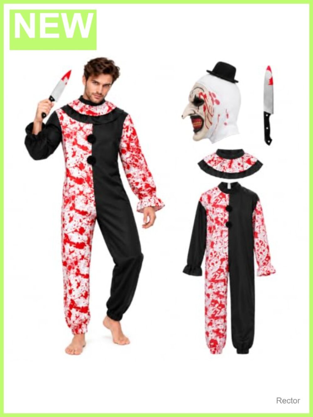 Adult Killer Clown Costume Scary Jumpsuit Mask Knife Collar Halloween